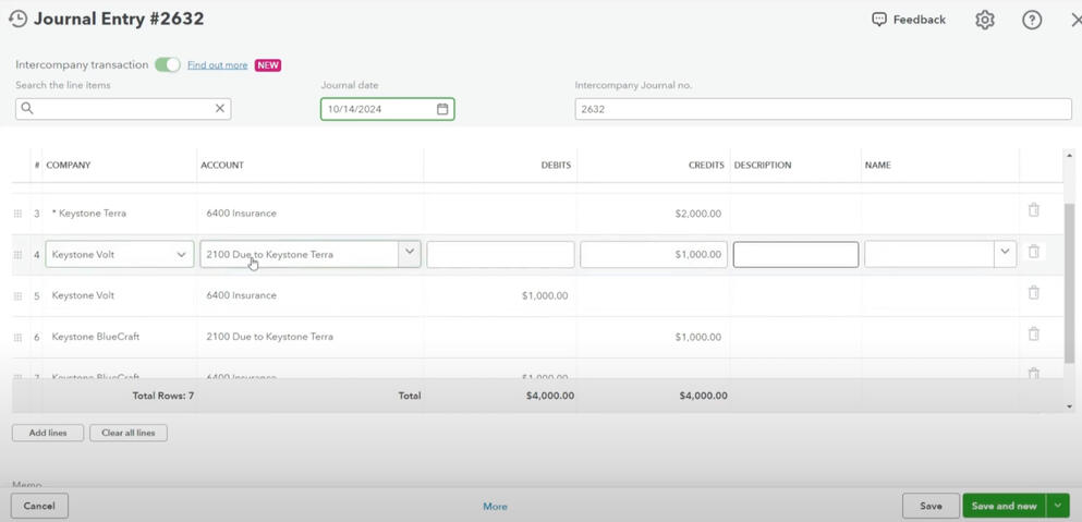 Creating a journal entry for multi-entity eliminations